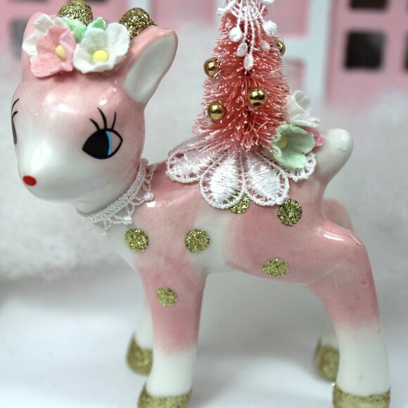 Pink Deer & Bottle Brush Tree Figurine: Vintage Style Christmas Decor - Picture 9 of 10